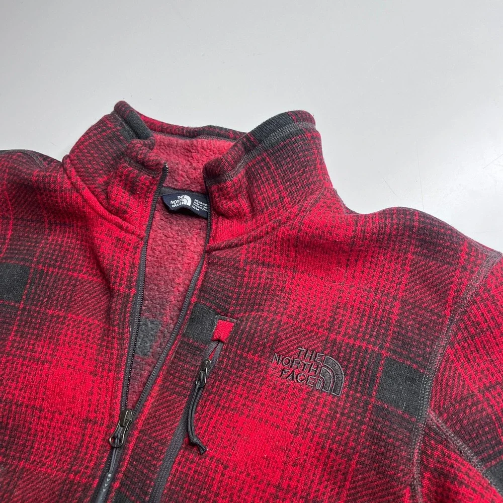 The North Face Mens Red Black Plaid Quarter Zip‎ Fleece Pullover Jacket Size M